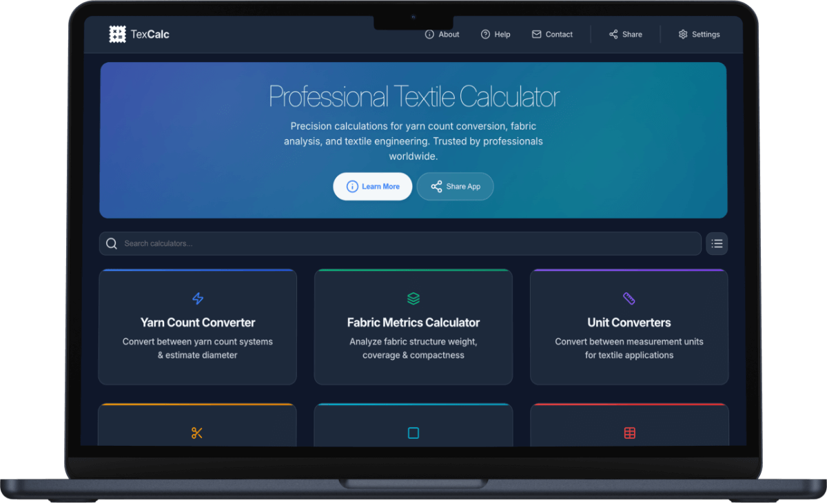 TexCalc Application Interface showing textile calculation tools including yarn count converter, GSM calculator, and fabric analysis features
